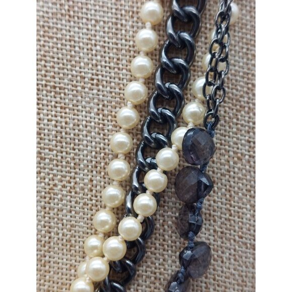 J.Crew Multi Strand Gun Metal & Faux Pearl Collar Necklace 20" Smokey Gray Beads - Picture 3 of 7